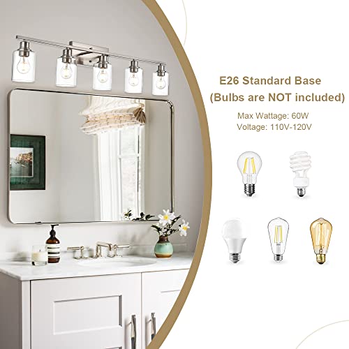 5 Light Bathroom Vanity Light Fixtures in Brushed Nickel Finish Indoor Wall Sconce Lighting Over Mirror with Clear Glass Shade for Living Room (5 Count)