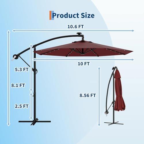 10FT Solar Lights Offset Patio Umbrella with Cross Base