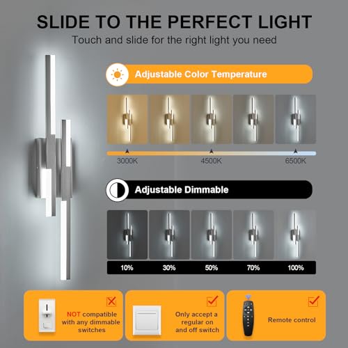 Modern LED Wall Sconce Silver Remote Wall Light Fixtures for Bathroom