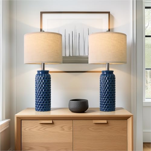 24 inches Modern Ceramic Dark Blue Bedside Lamp Set of 2 for Bedroom Decor Farmhouse Table Lamp for Living Room Office Dorm (2 Count)