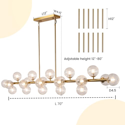 Gold Linear Large Chandelier Modern Chandelier Glass Pendant Light Fixture Adjustable for Dining Living Room Kitchen Island 22