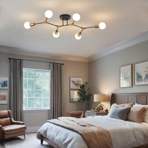 Mid Century Gold and black Sputnik Semi Flush Mount Ceiling Light Fixture