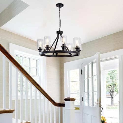 8 Light Black Dining Room Light Fixtures Farmhouse Wagon Wheel Chandelier Kitchen Island Pendant Lights Modern Industrial Rustic Adjustable Height Metal E26