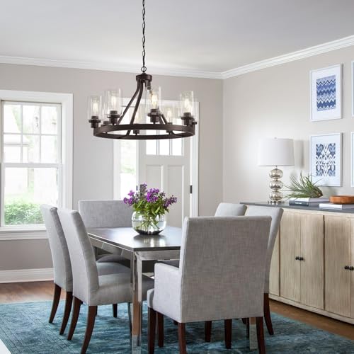 8 Light Farmhose Chandelier for Dining Room Light Fixture Oil Rubbed Bronze Kitchen Pendant Light Round Rustic Ceiling Hanging Lighting with Glass Globes Adjustable Height Metal E26