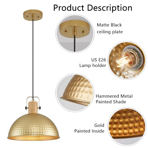 12 Inch Gold Pendant Lights Hammered Matte Pendant Lights for Kitchen Island Industrial Farmhouse Adjustable Height Dome Hanging Light Fixtures for Barn (2 Count)