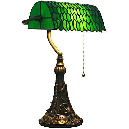 Tiffany Banker Lamp Small Stained Glass Table Lamp Green Wisteria Leaf