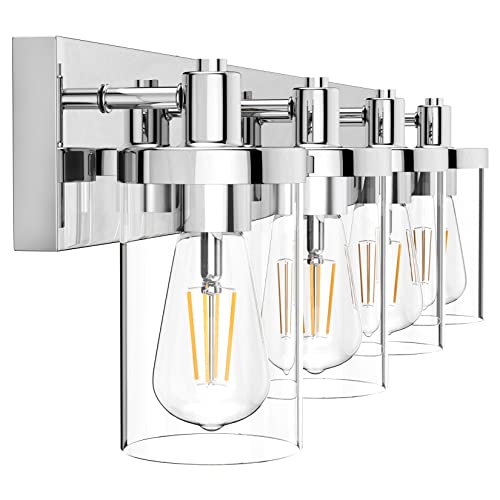 Bathroom Vanity Light Farmhouse 4 Light Chrome Vanity Lighting Fixtures with Clear Glass Shade
