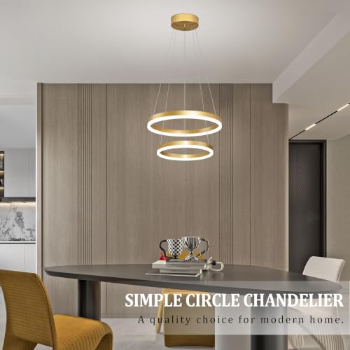 Modern Gold Led Chandelier 2 Rings Dimmable LED Chandeliers with Remote Control Light Fixture for Kitchen Island Height Adjustable Chandelier Led Pendant Light for Living Room Dining Room