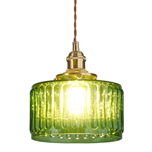 Single Glass Pendant Light Green Striped Glass Shade Brushed Brass Gold Pendant Lights Fixture Farmhouse 1