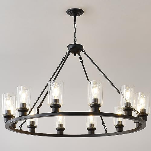 Black Large Wagon Wheel Chandelier 32 Inch Modern Farmhouse Glass Pendant Light 12
