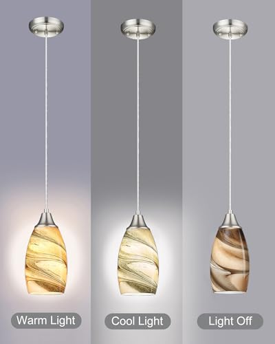 Mini Pendant Lights Kitchen Island Light Brown Glass Lamp Shade Hand Blown Glass Pendant Light with Brush Nickel Finish Adjustable Cord for Kitchen Over Sink (3 Count)