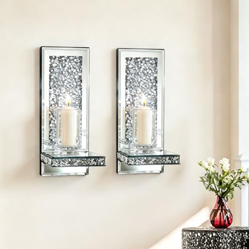 Mirrored Candle Sconces with Acrylic Diamond (2 Count)