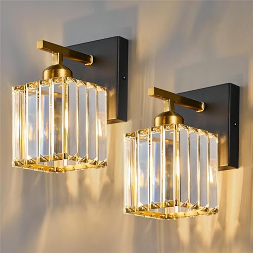 Modern Wall Sconce Set of Two Indoor Wall Lamp Black Gold Wall Sconces Crystal Wall Light Bathroom Vanity Light Fixtures Wall Mounted Room Sconce Wall Lighting (2 Count)