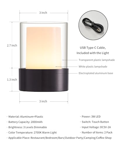 4" Black Cordless Table Lamp Set of 2 (2 Count)