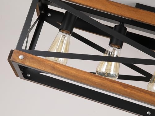 5 Light Large Rustic Farmhouse Wood Flush Mount Ceiling Light Fixture 31.5 inch Oak Wood and Metal Rectangular Track Semi Flush Mount Ceiling Light for Kitchen Living Room Bedroom Indoor