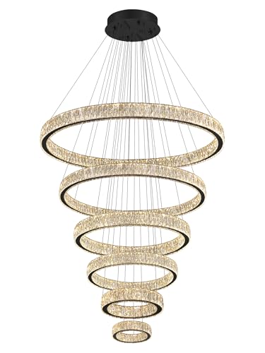 Extra Large 6 Ring Crystal Chandelier Modern LED Long Crystal Chandelier for High Ceiling Height Adjustable Black D8+15.7"+23.6"+31.5"+39.4"+47.5" Dimmable 2700K