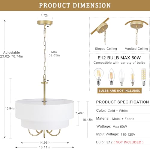 5 Light Gold Chandeliers for Dining Room with White Fabric Shades Two Layer (5 Count)