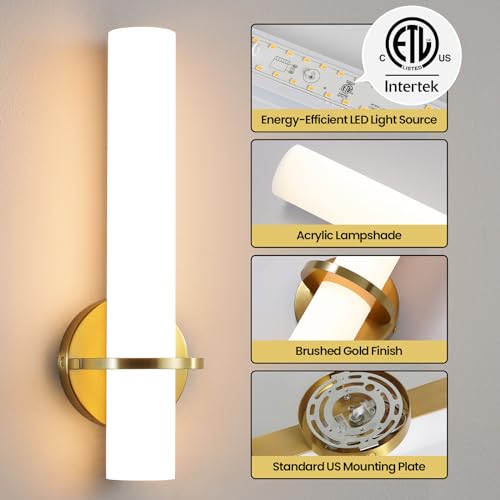 Wall Sconces 15 inch Gold Wall Sconces Set of Two Modern Bathroom Sconce 15W Dimmable LED Wall Sconce Light with Acrylic Lampshade