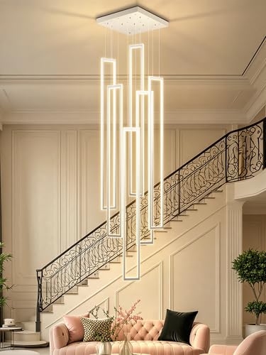 Modern Chandeliers for Entryway High Ceiling Large Rectangle Chandelier LED Dimming Contemporary Chandelier for Staircase Foyer 2700k