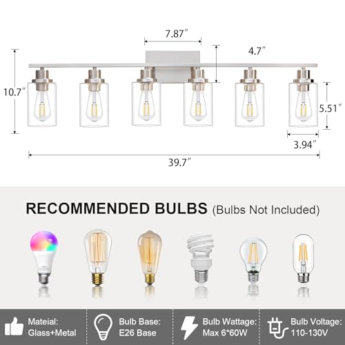 6 Light Bathroom Light Fixtures Brushed Nickel Vanity Light Over Mirror Modern Farmhouse Wall Lighting Sconces Wall Lamp for Bathroom