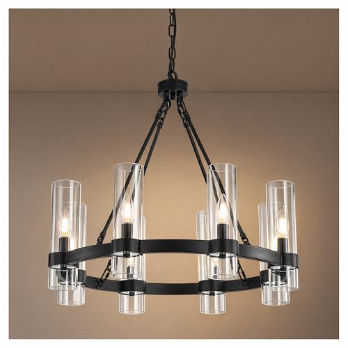 26 Inch Black Wagon Wheel Chandelier 8 Lights with Glass Shade