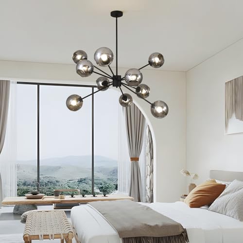 10 Lights Black Sputnik Chandelier Adjustable Modern Large Globe Pendant Hanging Light Mid Century Smoke Grey Glass Sputnik Lights Contemporary Chandelier Dining Room Light Fixtures Over Table