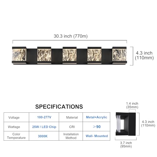 5 Lights Black LED Vanity Lighting with Unique Smoke Acrylic Panel