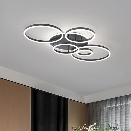 Black Flush Mount Ceiling Light Dimmable Dining Room Light Fixture Round 6 Rings Modern LED Ceiling Light with Remote Control 47" Kitchen Lighting Fixture Ceiling Lamp for Living Room