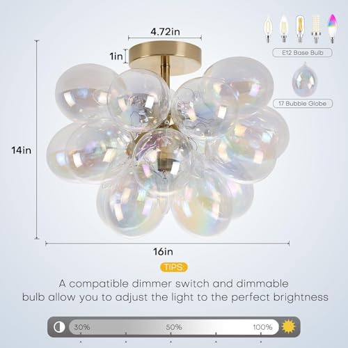 Modern Semi Flush Mount Bubble Chandelier with 17 Colorful Glass Globes