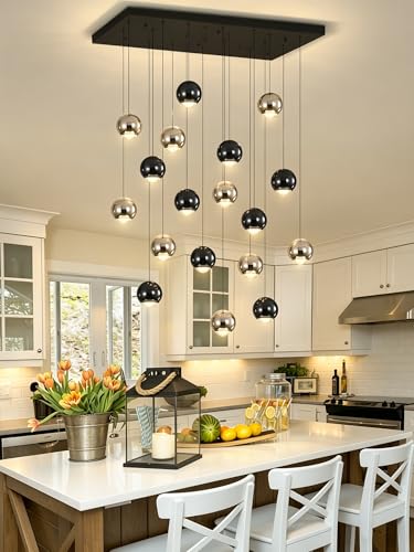 Rectangular Chandelier Crystal Balls Chandeliers Flush Mount Ceiling Light for Dining Room Living Room High Ceiling Chandelier for Staircase Foyer Entryway Black and Gold Chandeliers 2700k