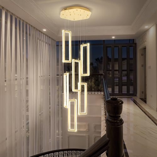 Modern Led Gold Chandelier Adjustable 6 Rings Crystal Chandelier for Living Room Foyer Stairwell Lighting High Ceiling Lamp Dimmable 2700K