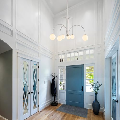 Modern 40" 6 Light Nickel Sputnik Chandelier with Milk Glass Globe