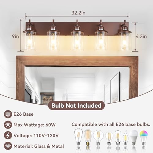 5 Light Bronze Bathroom Light Fixtures Over Mirror