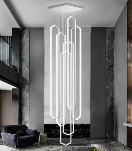 6 Rings Large Chandelier for Staircase Modern High Ceiling Chandelier LED Dimmable Chandeliers for Foyer Staircase Foyer Enterway Living Room Villa Silver