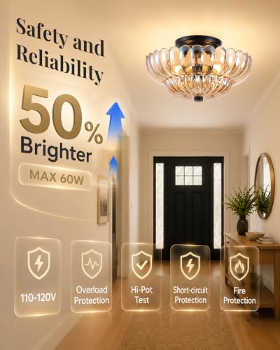 Semi Flush Mount Ceiling Light Fixture 11.8" Vinatge Black Ceiling Lights Amber Mid Century Modern Glass Close to Ceiling Lighting Fixtures for Bedroom Hallway Foyer Bathroom Kitchen Entryway