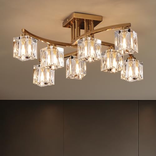 8 Light Modern Sputnik Ceiling Light Fixture Farmhouse Crystal Semi Flush Mount Ceiling Light Gold Chandeliers for Dining Room Living Room Kitchen Island Bedroom Entryway
