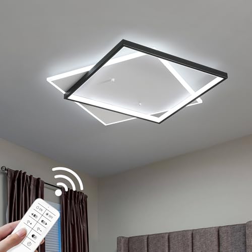 Black Modern LED Bedroom Ceiling Light Dimmable Flush Mount Ceiling Light Fixture 22" Square Ceiling Lamp with Remote Control Kitchen Lighting Fixture Ceiling