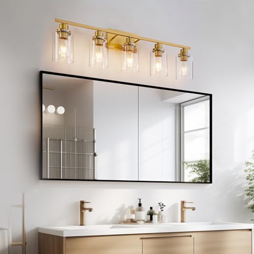 5 Light Gold Bathroom Light Fixtures Brushed Brass Vanity Light Over Mirror Modern Wall Lighting Sconces Wall Lamp for Bathroom (5 Count)