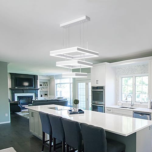 Modern LED Chandeliers White Square Rings Pendant Light Fixture with Hanging Cord Flush Mount Square Modern Chandeliers for Kitchen Island Dining Room