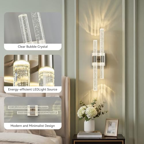 Modern LED Vanity Light Bubble Crystal Sconces Wall Lighting Brushed Nickel Bathroom Light Fixture 21.25in 4000K Vertical and Horizontal Wall Mounted Sconces for Bedroom Living Room