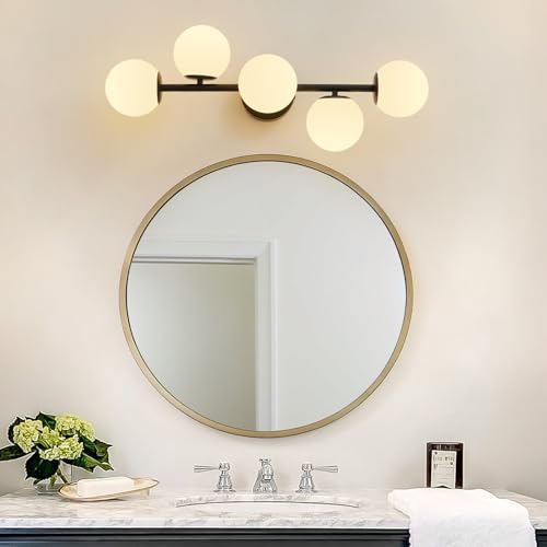 27" Mid Century Modern White Globe Black LED Bathroom Vanity Light
