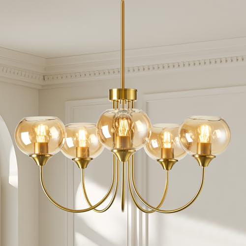 Mid Century Modern Globe Chandelier 5 Light Amber Glass Vintage Sputnik Chandeliers Gold Pendant Light Fixtures for Dining Room Kitchen Living Room Bedroom