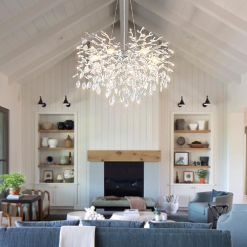 24 Inch Modern Tree Branch Chandelier Silver Crystal Pendant Lighting