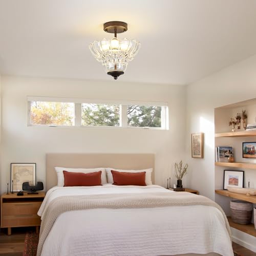 Vintage Oil Rubbed Bronze Semi Flush Mount Light with Floral Class Shade (Oil-Rubbed Bronze)