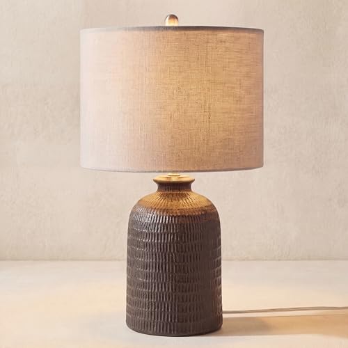 Home 24" Black Textured Ceramic Table Lamp with Tan Linen Shade