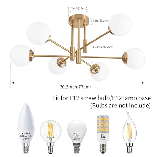 Gold Sputnik Ceiling Light Fixture 6 Light with Milk White Glass Shade