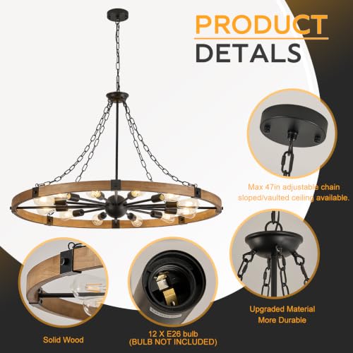 Farmhouse Wagon Wheel Chandelier 43" Oak Rustic Chandeliers 12