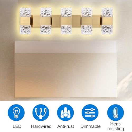 5 Lights Brass Crystal Vanity Light Bar LED Bathroom Lights 30.3 in