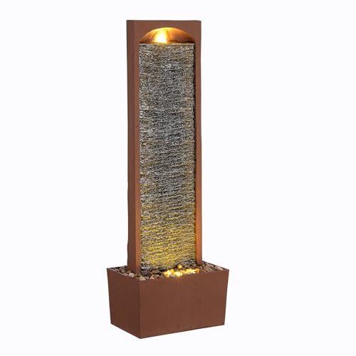 38.5" Faux Slate Contemporary Outdoor LED Waterfall Fountain with Pebble Base