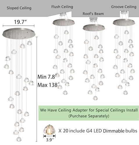 LED Glam Chandelier 138 inches Long Light Luxury Crystal Ceiling Chandeliers Remote Dimmable High Ceiling Pendants Lighting Fixtures Antique Gold 20 Lights
